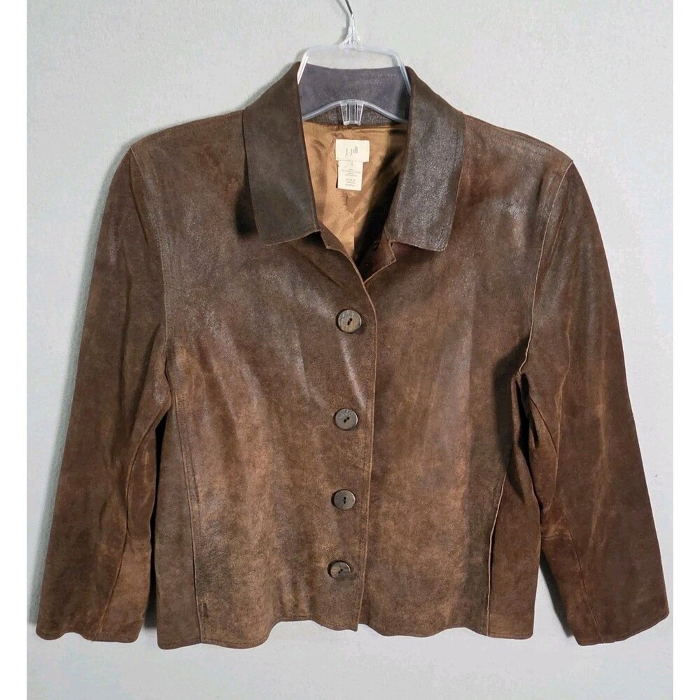 J.Jill Genuine Leather Jacket Womens S Brown Button Front Made in Canada